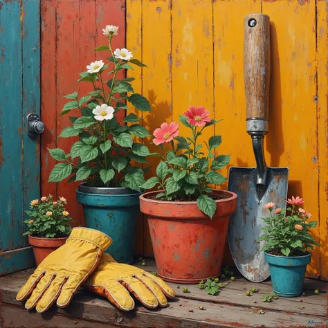 Thick paint style, a gardening set for 50s and 60s, gloves, trowel, small plants, warm and inviting colors, keywords: garden...