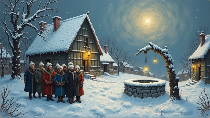 Depicting a snow-covered village where bundled-up townsfolk stand huddled in conversation near a frozen well and flickering lant...