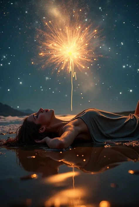 High-quality photo, , the heavenly harbor above your head is illuminated by an explosion of stars, on the girl's body, lying on ...