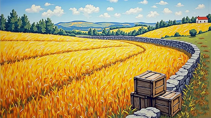 Depicts an 18th-century hillside field with rustic wooden crates stacked near a stone wall at midday, viewed from above with swa...