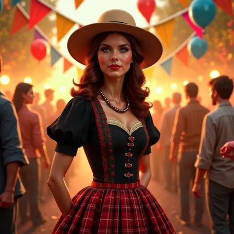 Create a wallpaper with Sue Storm from Marvel , beige hat with dark brown hair, a traditional plaid Junina party dress in the co...
