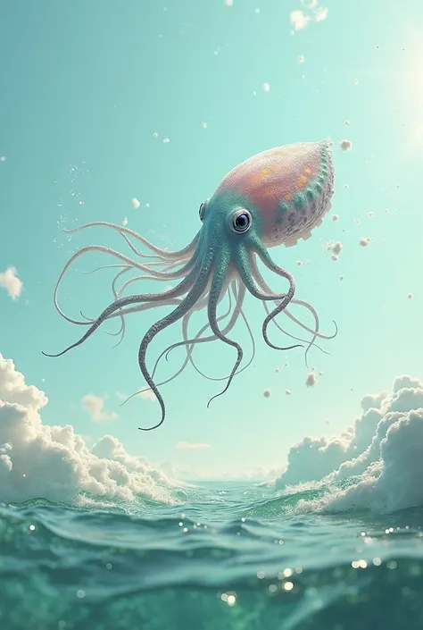 A cuttlefish flying through the sky, where the first layer is white, the second green, starting with the ground