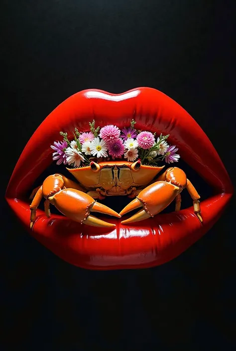 A large orange crab, adorned with a vibrant floral crown, is nestled within a wide, glossy, luminous red lip. The contrast betwe...