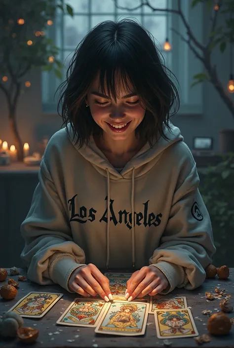 A dark-haired girl, short shoulder-length hair smiling with two separate teeth, and reading the tarot, wearing a hooded sweater ...