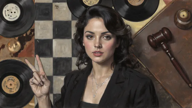charcoal and pastel drawing, Background: stylized chessboard with vinyl records and courthouse gavel, Character: Cassie Ventura ...