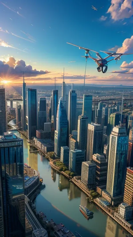 Large and hyper-realistic scene of a vibrant futuristic city, seen from above at dusk. Skyscrapers of organic and geometric shap...