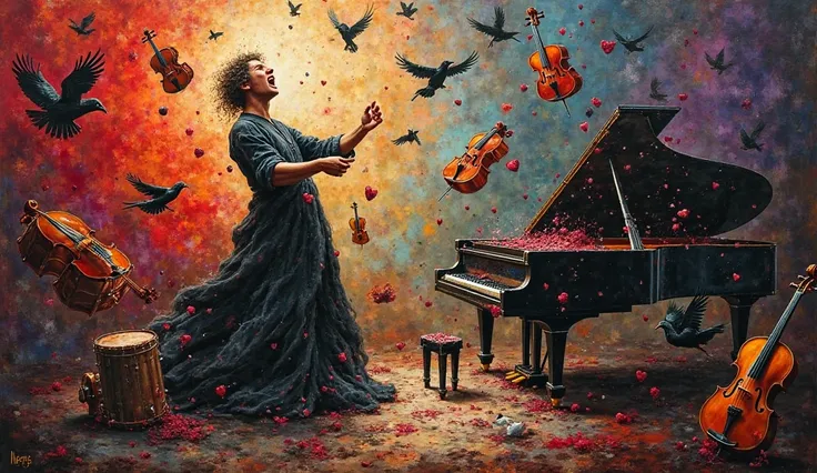 "A colorful, chaotic abstract scene where musical instruments float around a tormented figure who’s screaming silently. The viol...