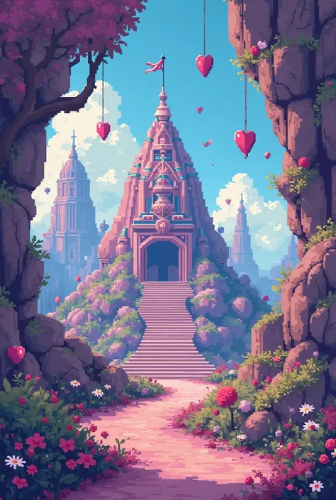 ribbon in a pixelated video game world, Put on some life icons( heart)  The upper part of the image , there must be a temple in ...