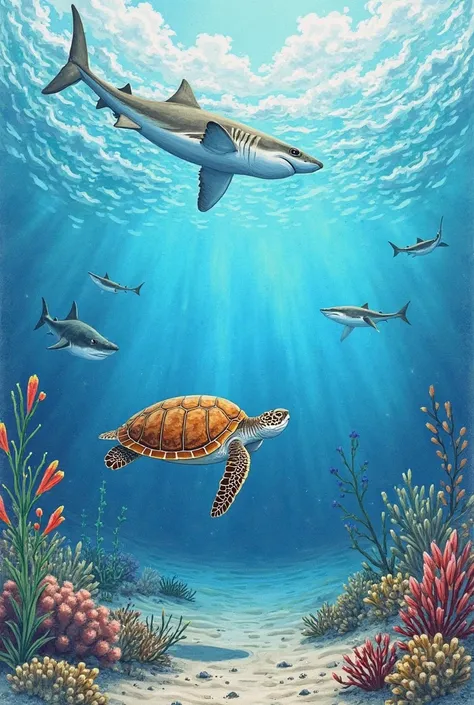 create for me an image of the bottom of the sea with a turtle, A shark, Living water, um cavalo marinho. This drawing has to be ...