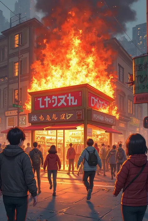create anime-style image of a street clothing store. The store must be on fire