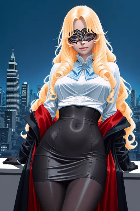 Dual Identities、blond blue eyes、Curly Long Hair、big 、The right half is an office worker wearing a white blouse and black tight s...