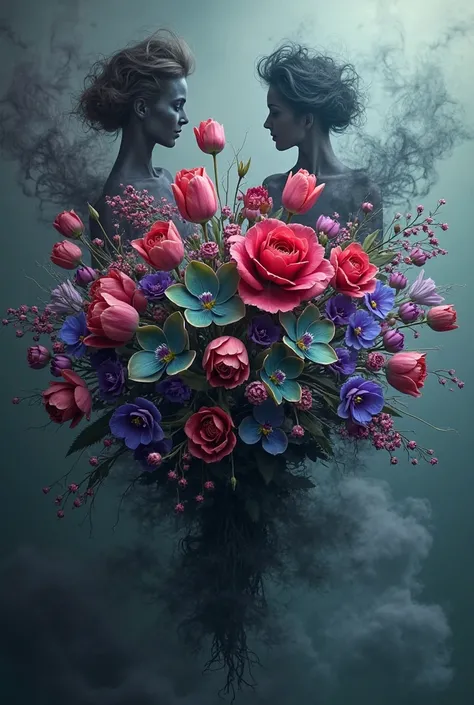 Burgundy tulips, emerald orchids and indigo roses exploting in mid air in round chocolate text " Thank You Mindy". Background ch...