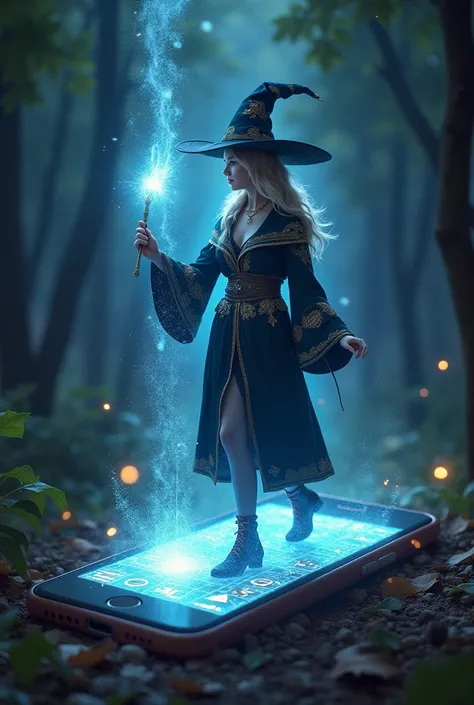 Arcanelle, a modern sorceress with holographic scrolls and glowing wand, stepping out of an iPhone screen, with flying data part...