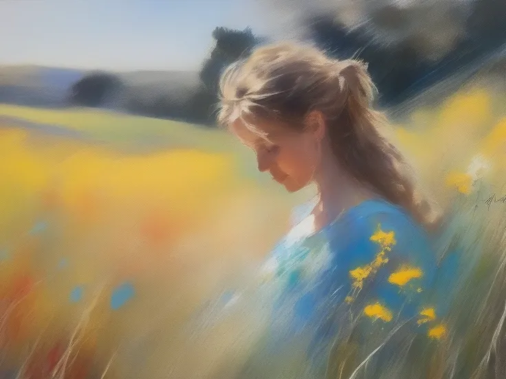 impressionist painting, From a Dutch farm from 1876, soft spots and artistic blur, yellow, Sky Blue , red, orange, green, M...