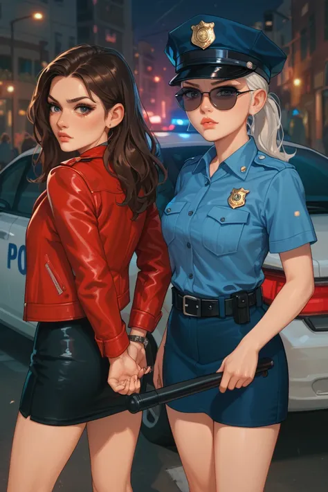 An urban night scene : a young female police officer with white hair tied in a ponytail, wearing dark glasses and tie, is next ...