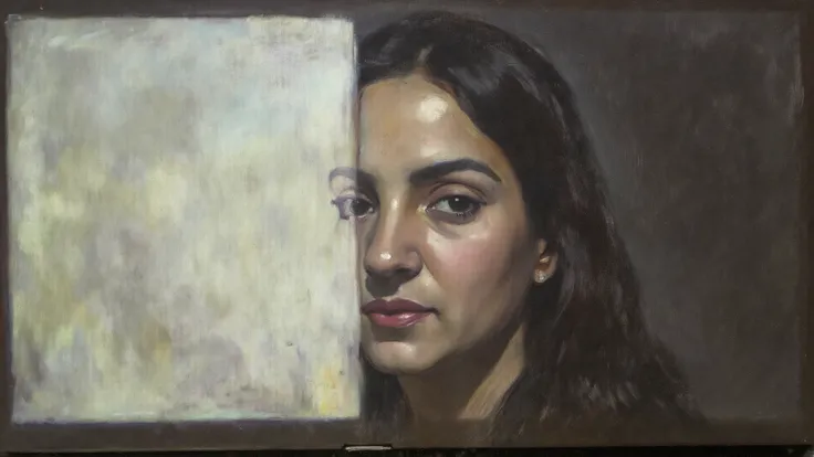 charcoal and pastel drawing, Background: projection close-up of half-lit face on screen, Character: none photo style “metadata”:...