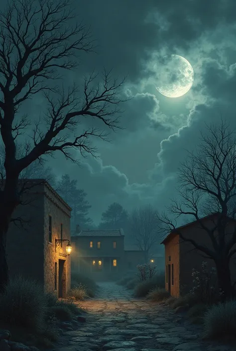 night scene. Adobe houses under a dark moon. Thick fog and twisted trees