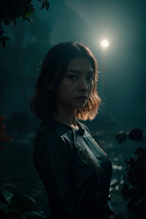 A cinematic portrait of Nyi Blorong in a misty ocean, wearing traditional Javanese attire, surrounded by glowing corals, with gl...