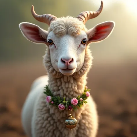 *"A healthy, well-groomed sheep/goat/cow with a decorative floral garland around its neck, standing in a clean farm setting, sof...