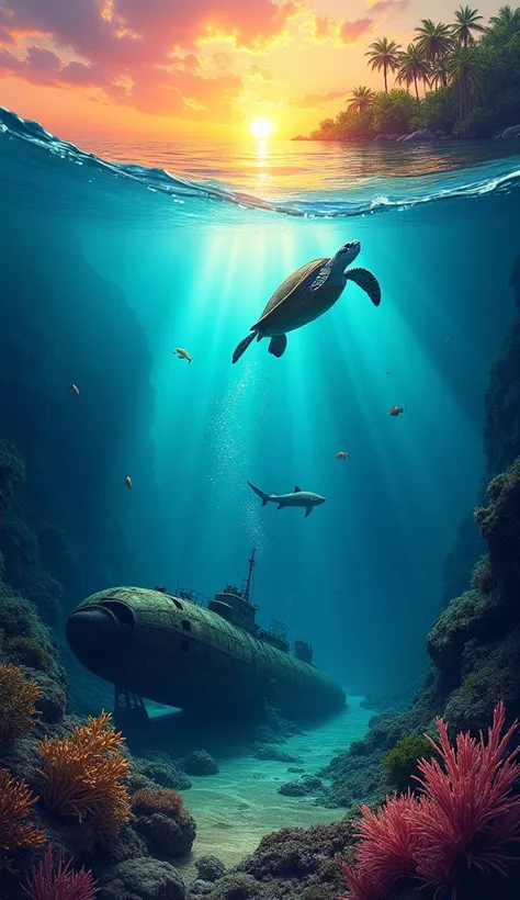 Create a seamless underwater scene in portrait format (9:16) as a tattoo template in which all elements blend naturally into one...