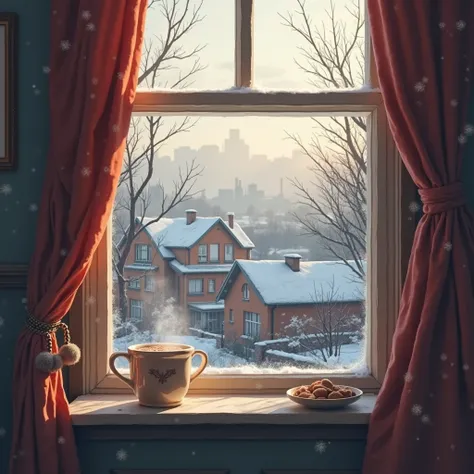 The view from a closed window. The inside looks cozy and warm, and a full cocoa mug can be seen. The outside shows a gorgeous wi...