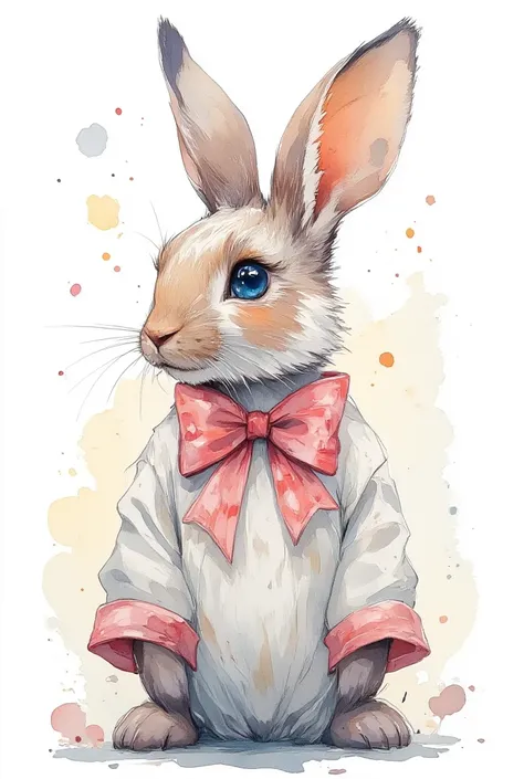 Bright and detailed watercolor illustration rabbit in a bow, created in the style of Ren's book. The image is a soft, pastel col...