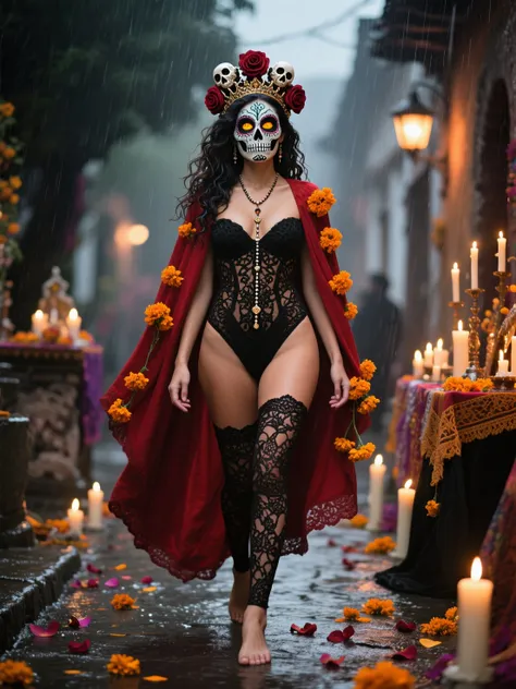 A sultry Latin woman, 26, walks barefoot through a candle-lit street in Oaxaca during the Day of the Dead. Her face is painted w...