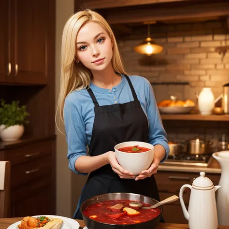 A blonde in home clothes carries a pot of borsch