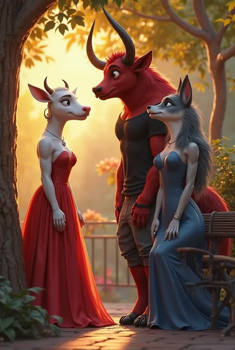> Shabnam (white anthropomorphic cow in red gown and earrings) stands in shock behind a tree or doorway, watching Shaka (red mus...