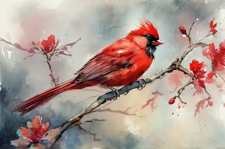 a painting of a red bird perched on a branch, by Liang Kai, trending on pixabay, watercolor and pastel, jean-sebastien rossbach,...