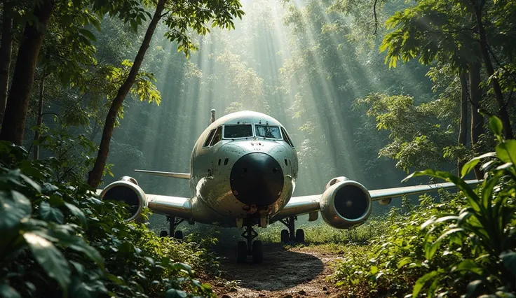 A passange airplane with visible damage to the front. The airplane has just landed in a dense jungle surrounded by tall, lush gr...