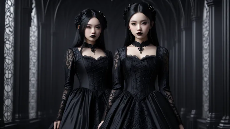 beautiful asian gothic girl wearing Gothic dress in a goth setting background, beautiful detailed, high resolution, 32K, realis...