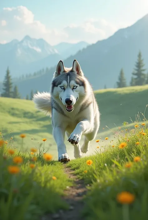 Husky running free on a green hill