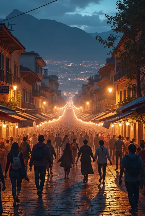 people walking down a floodlit street—from Peru