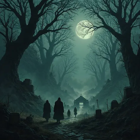Create a big THIRD PERSON Map in dark climate with forest, smith, graveyard, field, cave and marketplace, make them look scary