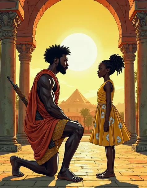 A young African hunter with a proud afro hairstyle, muscular and 23 years old, with gleaming ebony skin, stands with a majestic ...