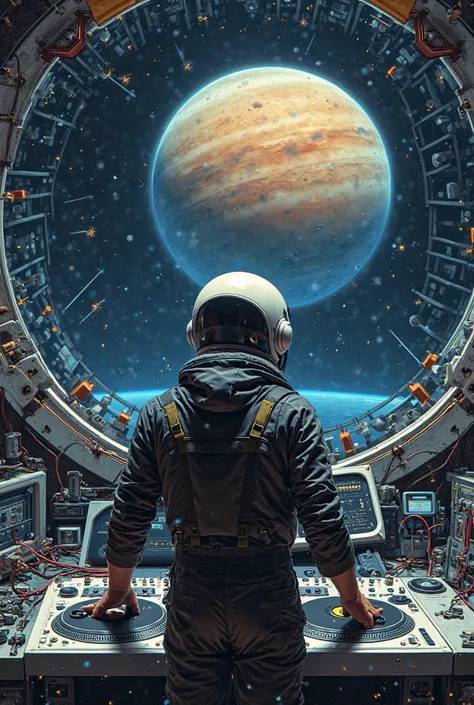 A real photo of an astronaut DJ in a futuristic space station, surrounded by a vast expanse of space. The picture shows an astr...