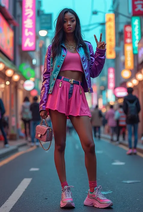 A Black woman in flashy Harajuku fashion, wearing a gothic ta mini skirt outfit in vivid colors like hot pink, purple, and turqu...