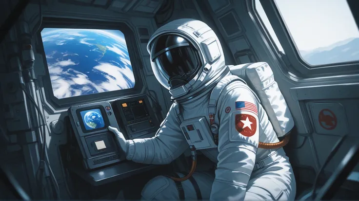 Female astronaut observing the earth's atmosphere