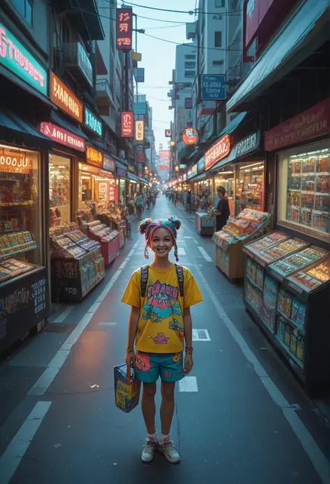 Create a street scene in Harajuku filled with stylish young, wearing colorful and daring clothes with unique combinations of pat...