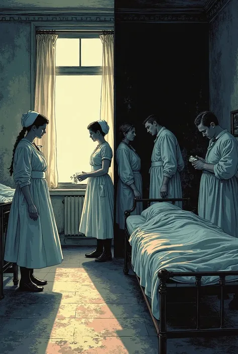 Vertically divided scene in a Viennese hospital in the 19th century: on the left, bright room with midwives and healthy mothers;...