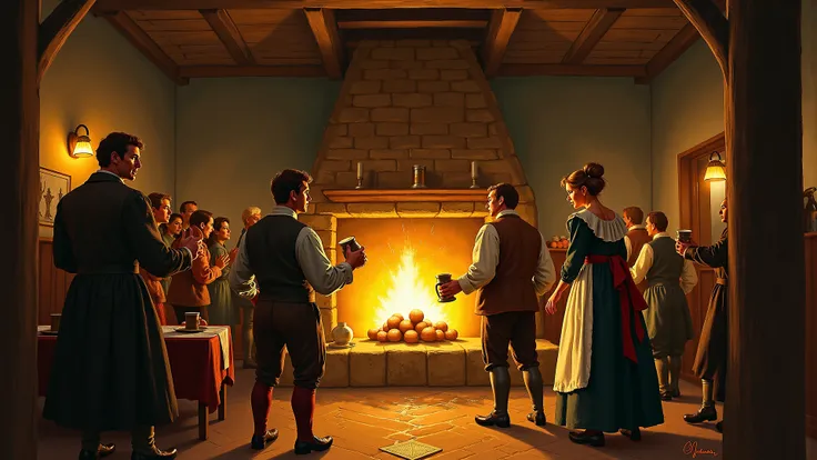24. Depicting a small 18th-century inn with several travelers shouting near the hearth while a young maid quietly refills tankar...