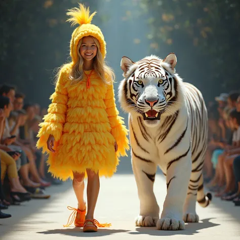 A smiling dressed as a chick walks the catwalk with a real white tiger, posing for photos with a blurred audience in the backgr...