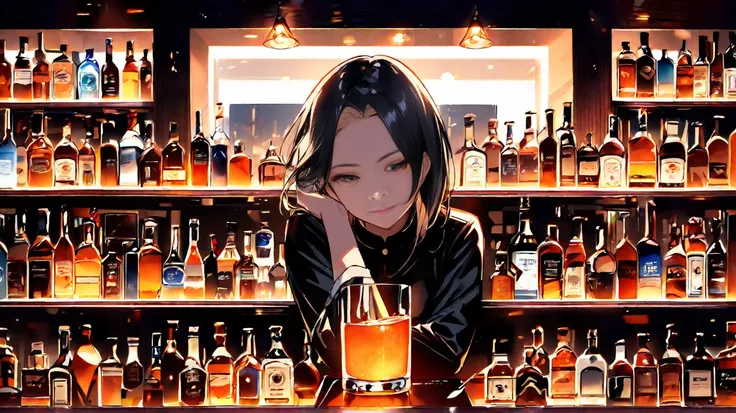 ((masterpiece, Perfect Anatomy)), solo, 1 girl, stare at the viewer, Smiling, Atmospheric bar, Dimly lit bar, bartenders are mak...