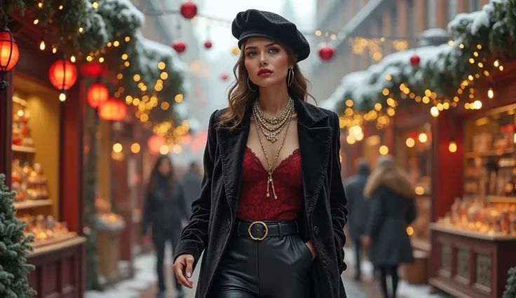 A stylish woman in a velvet blazer with leather pants, accessorized with layered necklaces and a beret, walking through a chic w...