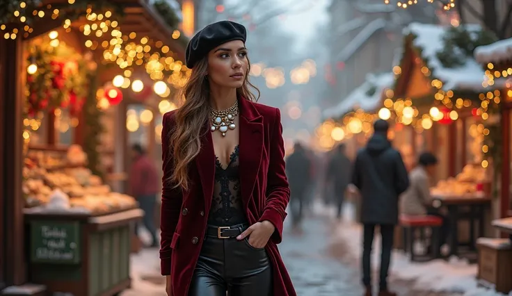 A stylish woman in a velvet blazer with leather pants, accessorized with layered necklaces and a beret, walking through a chic w...