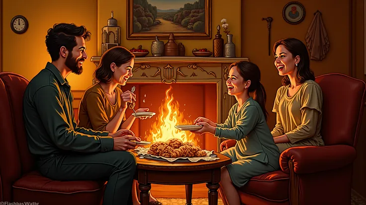 Depicting a crowded living room lit by fireplace glow, with family and friends seated close, sharing food and laughter among ant...
