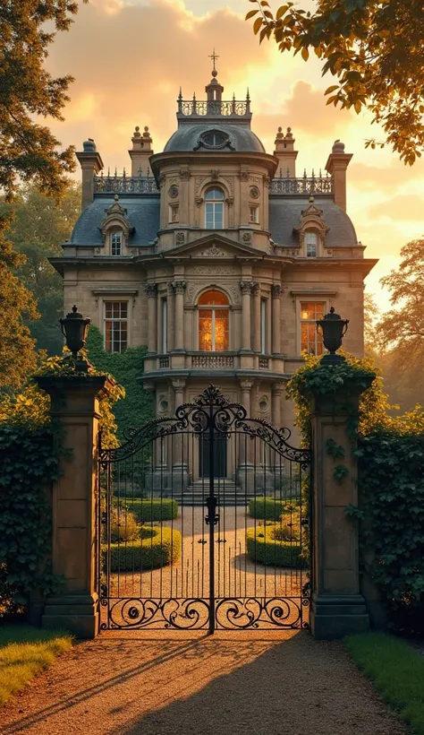A grand 19th-century aristocratic mansion surrounded by manicured gardens and tall iron gates, the building made of stone with l...