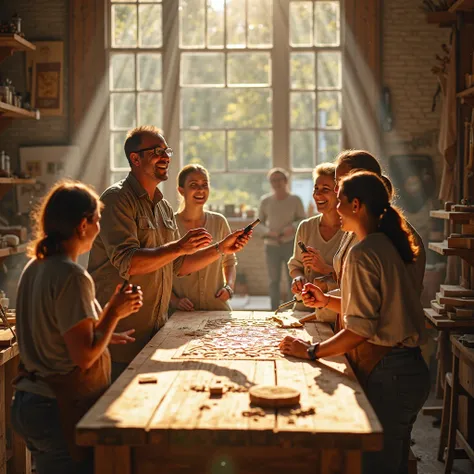 A photorealistic symbolic scene set in a sunlit woodworking studio or open-air workshop. A charismatic person is leading a hands...