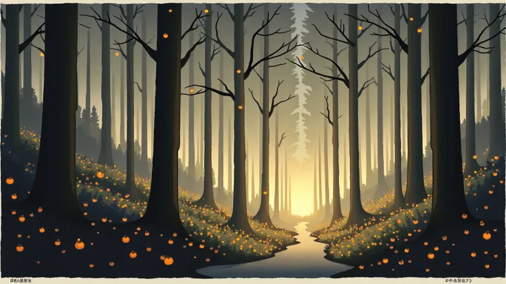 Prompt P1-8: "Golden apples humming on frost-kissed pines in a twilight forest of memory — Surreal ink-and-charcoal on textured ...
